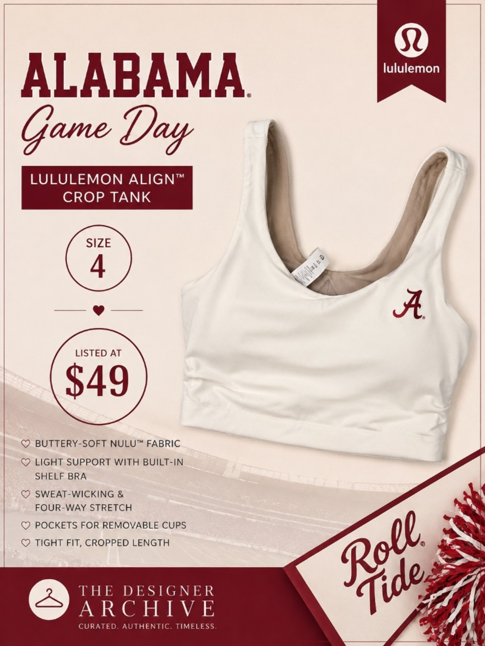 Lululemon Alabama Crimson Tide Crop Tank Top White Size 4